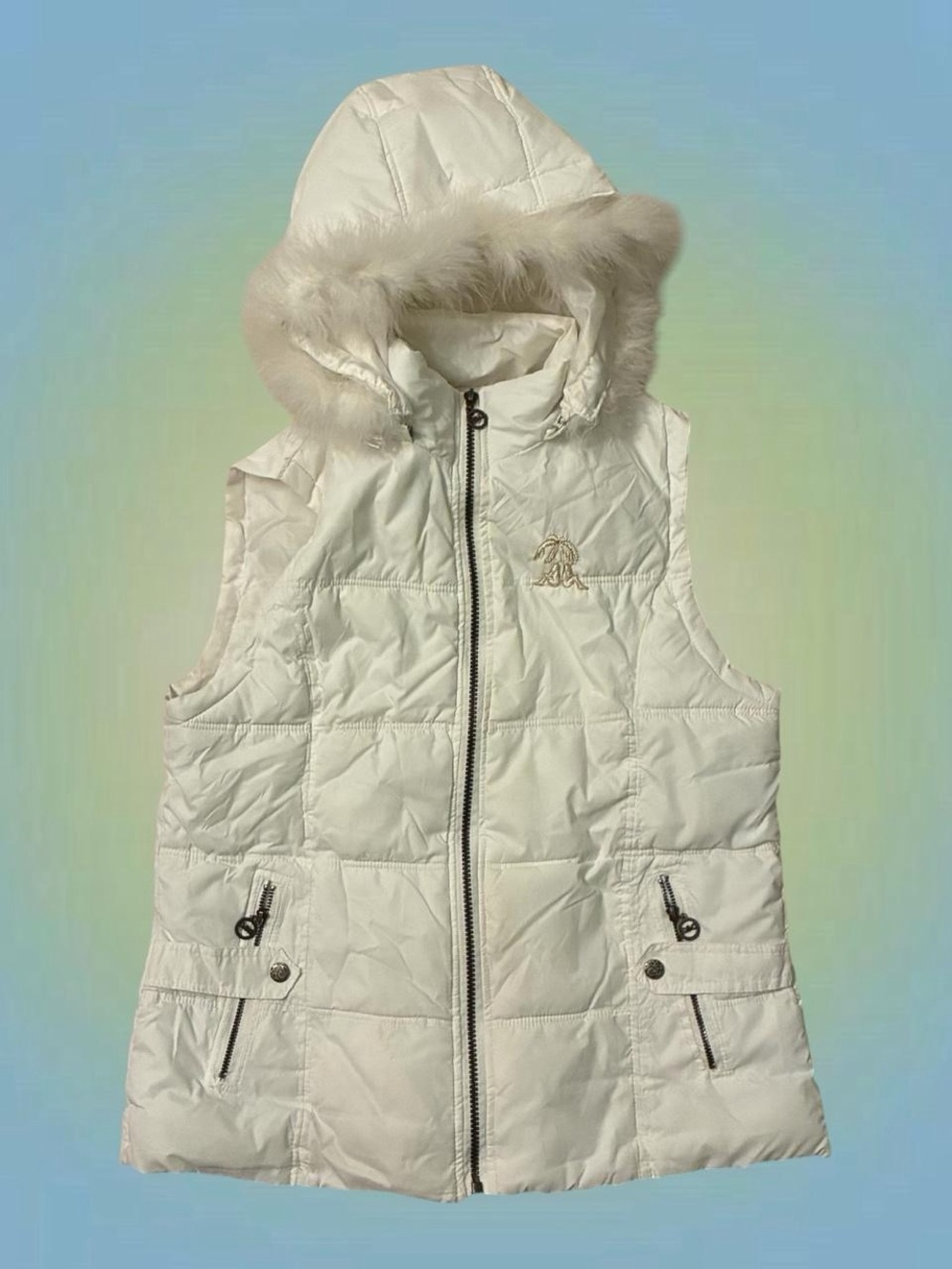 Y2K White Quilted Hooded Vest with Faux Fur Trim